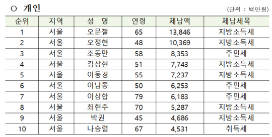 고액·상습 개인 체납자 '상위 10' 명단. 행정안전부 제공